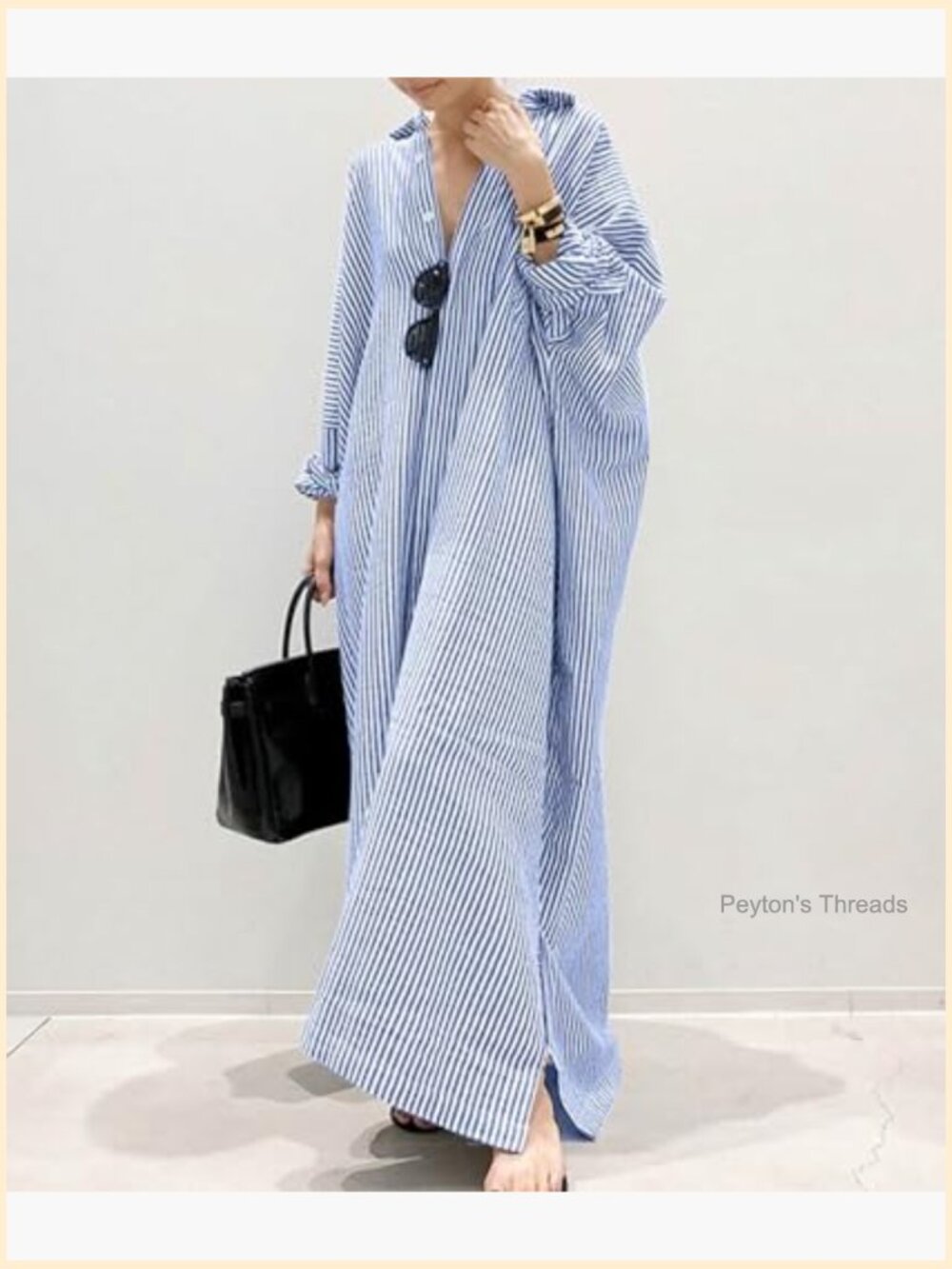 Striped Button Down V Neck Long Sleeve Maxi Shirt Dress Cotton Blend - Picture 2 of 3